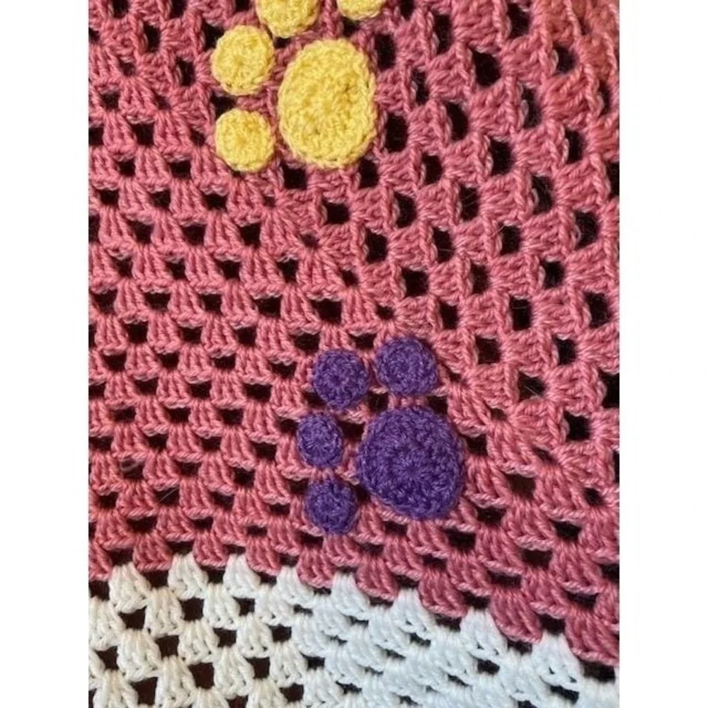 Handmade Crochet Paw Print Baby Blanket Pink White Pastel Granny Square Throw